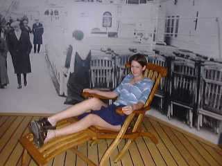 Chrissie in Titanic deckchair